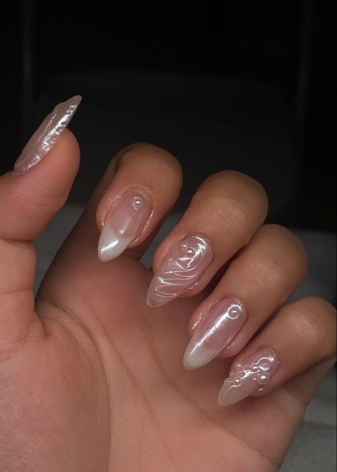 Nail art , 3D Nails, Nail designs, nail inspo 3d Clear Nails, Cute Easy Almond Nail Designs, Clear Almond Nails With Design, Gel X Clear Nails, Clear Based Nail Design, Almond Nails Designs 3d Gel, Clear 3d Nail Art, Clear 3d Nails, 3d Nail Art Simple