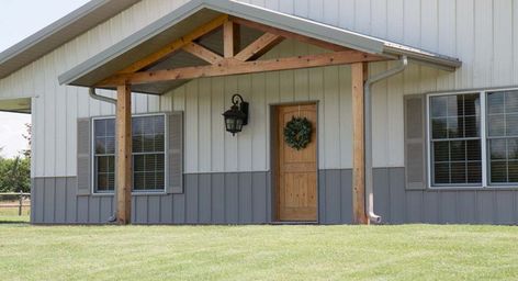 The awning with this style of Beams for my Front porch Hobby Garage, Exterior Upgrades, Metal Shop Building, Morton Building, Metal Barn Homes, Rent House, Metal Building Home, House Front Porch, Porch Addition