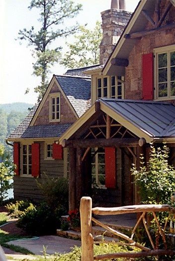 beautiful log cabin homes | Stone with Red Shutters ! Mountain Hideaway, Farm Style House, Red Shutters, Gable Trim, Mountain Vacation, Rustic Exterior, Retreat House, Cottage Cabin, Have Inspiration