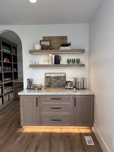 Wet Bar Off Kitchen, Upstairs Coffee Bar Ideas, Kitchen Base Cabinet Ideas Open Shelves, Dining Room Dry Bar Ideas, Wet Bar Small Space, Home Bar And Library, Organic Modern Coffee Station, Kitchen Dry Bar Ideas, Coffee Station Furniture