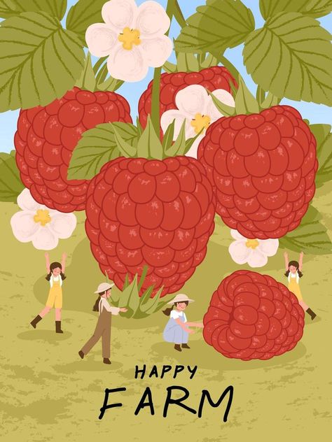 Farmer Cartoon, Farm Poster, Chocolate Packaging Design, 달력 디자인, Fruit Icons, Happy Farm, Raspberry Fruit, Poster Illustration, Fruit Illustration