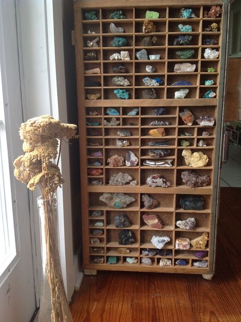 Rock Displays Ideas, What To Do With Rock Collection, Outdoor Rock Collection, Displaying Rocks And Crystals, Ways To Display Crystals Rock Collection, Crystal Display Case, Rock Display Shelf, Ways To Display Rock Collection, Polished Rock Display Ideas