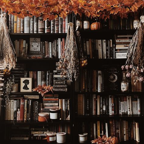 Spooky Season Prints by Me!  A spooky photograph I took of my bookcase at home. This listing is for a 5x7 physical print. To fulfill all your spooky season witchy vibes! Witchy Bookstore, Witchy Home Office, Cottage Goth Aesthetic, Whimsigoth Apartment, Cozy Witch Aesthetic, Witchy Library, Bookcase In Bedroom, Goth Home Aesthetic, Herb Room