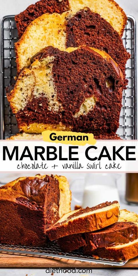 German marble cake is a moist, fluffy coffee cake marbled with vanilla and chocolate. Every bite is sweet and soft, and it's so easy to make! #german #marblecake #chocolate Fluffy Coffee Cake, Marble Bundt Cake Recipe, Diethood Recipes, Marble Bundt Cake, Fluffy Coffee, Marbled Cake, Marble Cake Recipe, European Cakes, Food Authentic