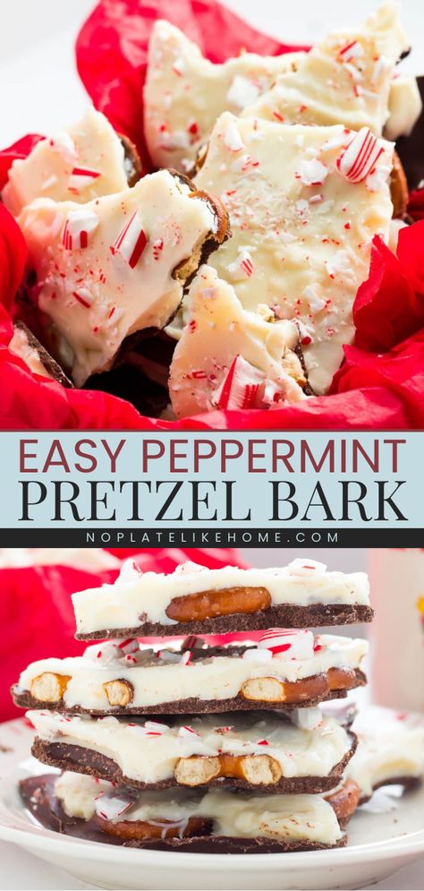 This Peppermint Pretzel Bark is an easy Christmas treat that starts with peppermint chocolate loaded with a crunchy pretzel! Add this homemade bark to your best Christmas dessert recipes! Peppermint Pretzel Bark, Homemade Chocolate Bark, Homemade Peppermint Bark, Peppermint Pretzel, Peppermint Bark Recipes, Christmas Bark, Peppermint Candies, Candy Cocktails, Peppermint Christmas