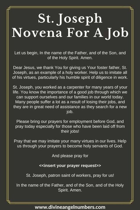 St. Joseph Novena for a job Prayer To Find A Job, Job Prayer, Saint Benedict Prayer, Prayer To St Joseph To Sell House, Employment Prayer, Prayer For Workplace, Novena Prayers Catholic, Novena To St Joseph, Saint Joseph The Worker