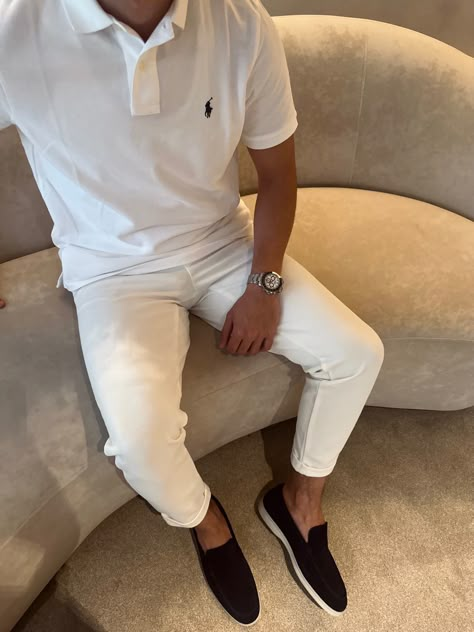 High Class Mens Fashion, Summer Formal Men Outfit, Armani Exchange Men Outfit, Loro Piana Shoes Outfit Men, Polo Ralph Lauren Men’s Outfits, Old Money Aesthetic Polo, Polo Ralph Lauren Mens Outfit, Rich Man Style, White Polo Outfit Men