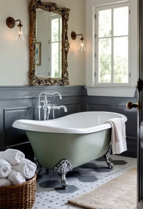 Indulge in the timeless elegance of a clawfoot tub paired with vintage faucets. Create a luxurious French style powder room with ornate details, soft lighting, and plush towels for a sophisticated escape. Vintage Faucet, Clawfoot Tubs, Clawfoot Tub, French Style, Soft Lighting, Powder Room, Bathroom Ideas, Faucet, Timeless Elegance