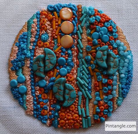 Turquoise Yarn, Feather Embroidery, How To Stitch, Textile Art Embroidery, Fabric Postcards, Contemporary Embroidery, Textured Yarn, Textile Fiber Art, Metallic Yarn