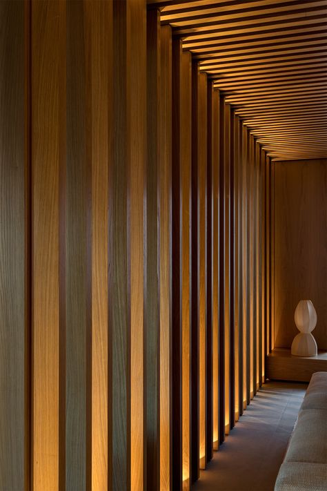 wood uplight glow Wood Slat Wall Lighting, Mansion Entrance, Coordinates Tattoo, Wood Slat Wall, Material Board, Home Theater Rooms, Wooden Beams, Room Decorating, Lighting Inspiration