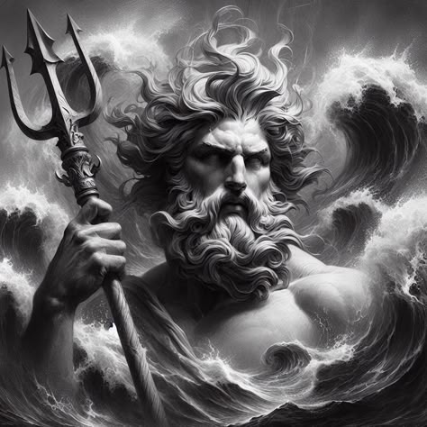 Posiden Art Greek Mythology, Posídeon Tattoo, Zeus Poseidon Hades Tattoo, The Olympians Greek Mythology, Zeus Artwork, Poseidon Portrait, Greek God Poseidon Art, Poseidon Tattoo Design, Poseidon Greek Mythology