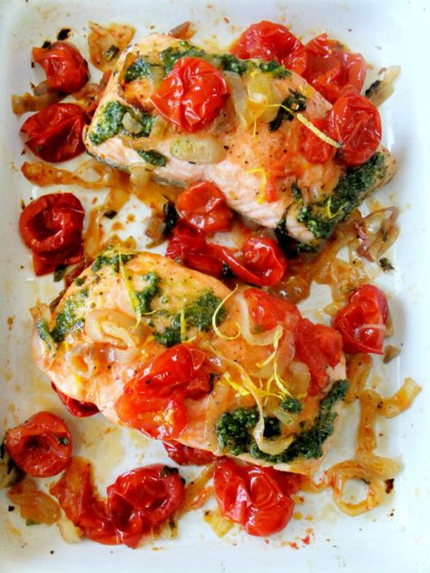 I’m always on the look out for different ways to prepare salmon. I actually saw this recipe in the current magazine, BHG Fast and Fresh, the picture of the red cherry tomatoes against the pink salmon instantly caught my eye. So today I give you a simple, healthy, no fuss, extremely tasty meal to … Seafood Salad, Cooking Salmon, Baked Salmon, Roasted Tomatoes, Fish Dishes, Seafood Dishes, Shallots, Salmon Recipes, Fish And Seafood