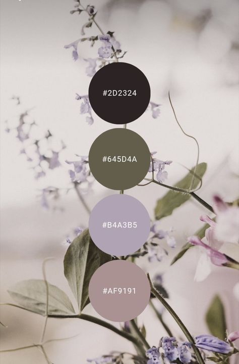 Mauve Purple Color Palette, Lilac Purple Color Palette, Lilac Laundry Room, Olive And Purple Wedding, Color Palette With Lilac, Moody Lavender Bedroom, Lilac Green Color Palette, Purple Green Bathroom, Lilac Palette Color Combos