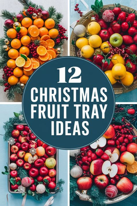 Colorful Christmas fruit trays with oranges, apples, pomegranates, and holiday decorations. Fruit Tray Ideas For Christmas Party, Christmas Fruit Board, Christmas Fruit Tray Ideas, Christmas Fruit Platter, Christmas Fruit Tray, Fruit Tray Designs, Fresh Fruit Bowl, Creative Christmas Tree Ideas, Fruit Tray Ideas