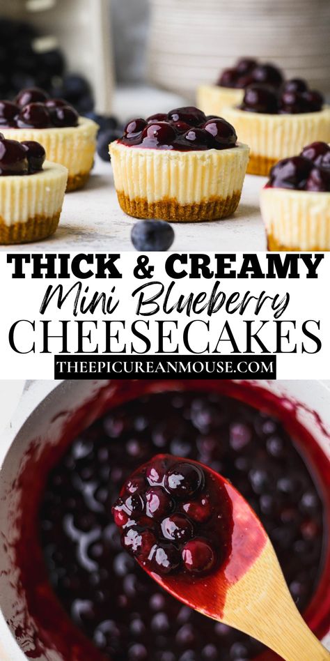 3 Inch Cheesecake Recipes, Mini Cheesecakes Baked, Best Blueberry Cheesecake Recipe, One Person Cheesecake, Blueberry Cheesecake Topping Recipe, Mini Cheesecakes Ideas, Mini Round Cheesecakes, Baked Blueberry Cheesecake Recipe, Blueberry Cheesecake Topping