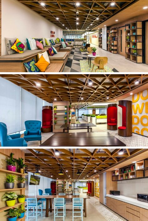 Modern Office space design with colourful eclectic style interiors Modern Office Space Design, Ceiling Pattern, Commercial And Office Architecture, Cool Office Space, Modern Office Space, Office Interior Design Modern, Corporate Office Design, Office Designs, Office Space Design