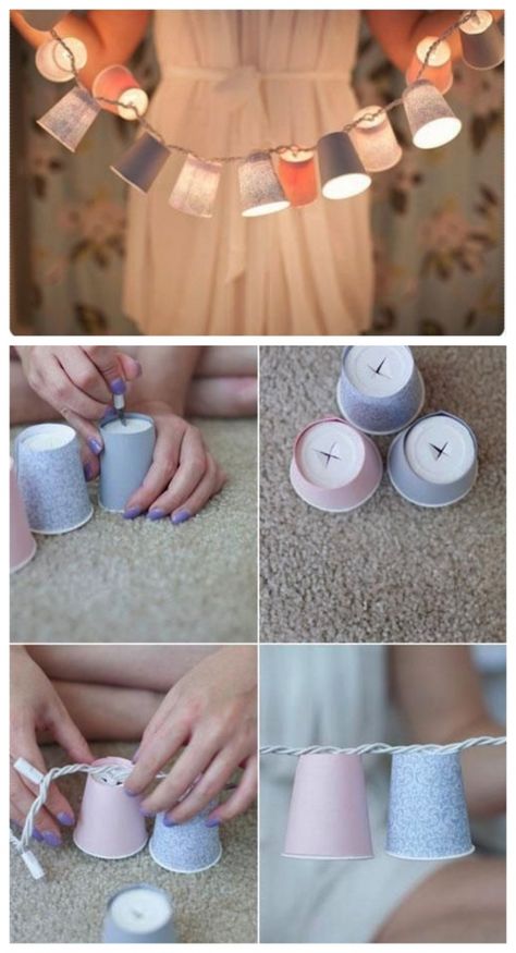 Fun idea for younger people but is applicable if taken cups of a more dark or elegant color. Easy Diy Room Decor, Astuces Diy, Diy Simple, Diwali Decorations, Diy Lamp, Pisco, Cool Diy, Diy Party, Room Diy