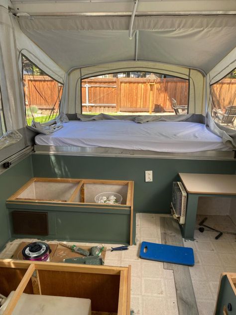 Tips for Buying and Renovating Used Pop-Up Campers - The RV Atlas Pop Top Camper Renovations, Pop Up Camper Renovation Diy, Living In A Pop Up Camper Full Time, Pop Up Camper Remodel Before And After, R Pod Trailer Ideas, Jayco Pop Up Camper Remodel, Pop Up Camper Interior Ideas, Pop Up Camper Interior, Small Pop Up Camper Remodel