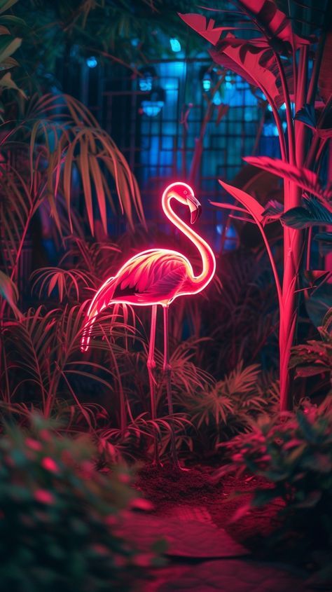 Neon Jungle Decor, Bar With Neon Sign, Neon Signs Diy, Neon Party Aesthetic, Neon Jungle Party, Pink Tropical Wallpaper, Flamingo Aesthetic, Neon Pink Aesthetic, Flamingo Neon