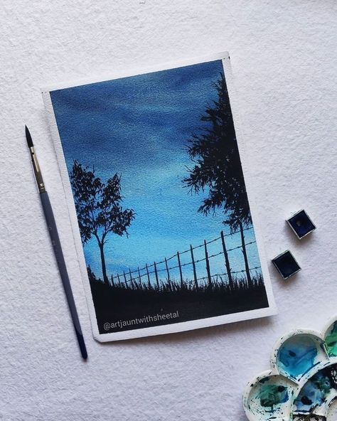 Watercolor Art Silhouette, Tree Silhouette Painting, Silhouette Watercolor, Watercolor Silhouette, Sky Art Painting, Watercolor Paintings Nature, Pen Art Drawings, Oil Pastel Paintings, Watercolor Paintings For Beginners