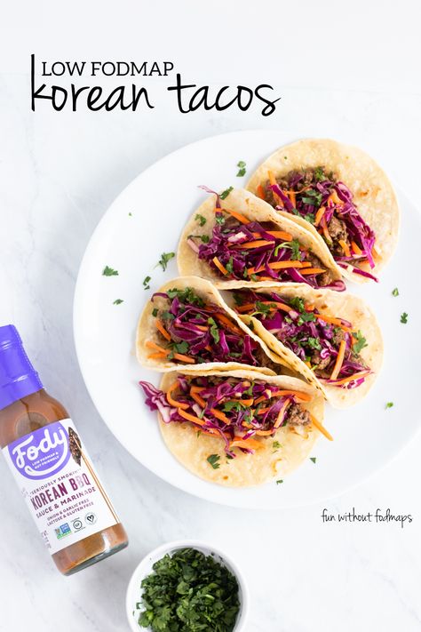 These magical Low FODMAP Korean Tacos are packed with smoky beef, crunchy quick pickled veggies, and warm corn tortillas. They’re made extra quick with the help of FODY Foods Korean BBQ Sauce. | find more easy low FODMAP recipes at funwithoutfodmaps.com | #lowfodmap #ibs #lowfodmapdiet #tacos #beef #dairyfree Quick Pickled Veggies, Easy Low Fodmap Recipes, Foods Korean, Korean Tacos, Fodmap Recipes Dinner, Low Fodmap Recipes Dinner, Korean Bbq Sauce, Low Fodmap Diet Recipes, Fodmap Diet Recipes