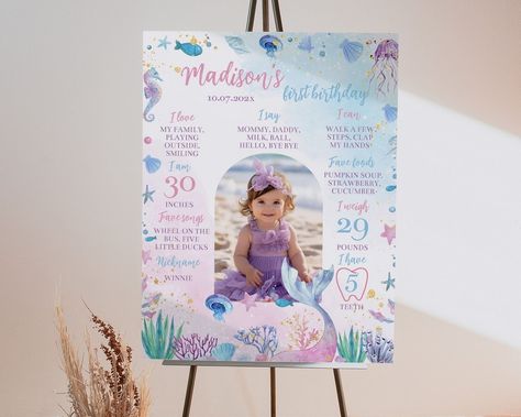 Celebrating One: Reflective First Birthday Sign Designs Mermaid First Birthday Party, Mermaid 1st Birthday Party, 1st Birthday Chalkboard Sign, Mermaid 1st Birthday, Mermaid First Birthday, 1st Birthday Chalkboard, My First Birthday, Mermaid Birthday Decorations, First Birthday Sign