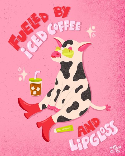 Fueled by iced coffee and lipgloss - a short (but very real) story 🐮💄☕️. Do we like the first cow or second better?! ➡️ Swipe till the end for a cutie - #icedcoffee #cuteillustration #artist #digitalart #illustrator #fueledbycoffee Random Art, Till The End, Cute Illustration, Iced Coffee, Lip Gloss, The End, Fuel, Cow, Illustrator