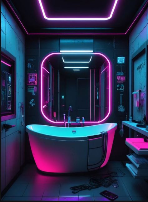 Cyberpunk Bathroom, Futuristic Room Ideas, Vtuber Ideas, Futuristic Room, Cyberpunk Aesthetic, Cyberpunk Style, Bath Room, Beauty Bar, Cyberpunk