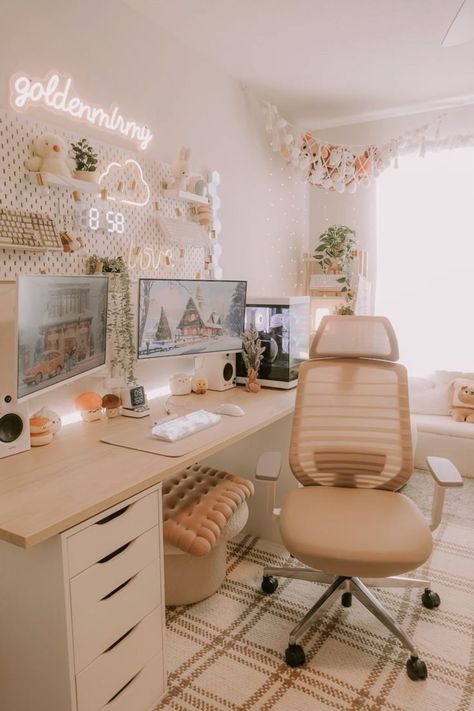 Cute Office Space At Home, Office Decor Gaming, Girly Work From Home Desk Setup, Teen Girl Desk Ideas Study Areas, Female Desk Setup, Wfh Desk Setup Bedroom, Beige Desk Setup, Neutral Gaming Setup, Neutral Desk Setup