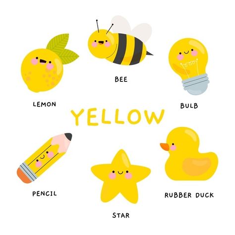 Yellow Objects For Kids, Preschool Charts, Color Flashcards, Literacy Day, Preschool Colors, Illustration Kids, Educational Infographic, Color Study, Alphabet Activities Preschool