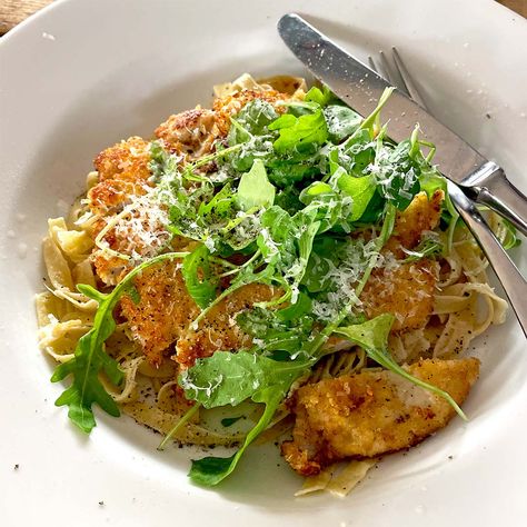 Tasty Chicken Milanese with pasta — Top tip for this recipe is took the chicken in clarified butter. Clarifying the butter stops it burning.[/vc_column...... Chicken Milanese Pasta, Secret Supper, Chicken Milanese, Tasty Chicken, Citrus Chicken, Drying Pasta, Clarified Butter, Butter Chicken, The Chicken