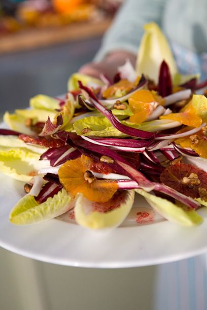 Chicory and Blood Orange Salad Guest Recipes, Blood Orange Salad, Chicory Salad, Sarah Raven, Roasted Walnuts, Salad Dishes, Orange Salad, Nigella Lawson, Fabulous Foods