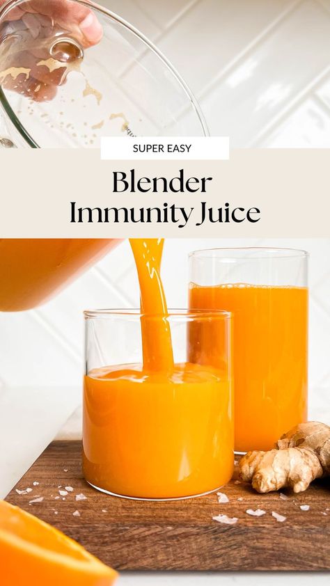 orange immunity juice pouring into a cup on a cutting board next to ginger root and a fresh orange Immune Boost Shot Recipe, Orange Health Benefits, Immunity Juice, Immunity Drink, Immunity Shots, Orange Juice Smoothie, Orange Juice Recipes, Ginger Shots, Turmeric Juice