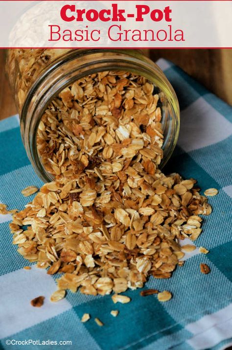 Crock-Pot Basic Granola - Learn how to make granola in your slow cooker with this easy 3 ingredient recipe for Crock-Pot Basic Granola. Perfect for breakfast any day of the week! [Gluten Free, High Fiber, Low Cholesterol, Low Fat, Low Sodium, Low Sugar, Vegetarian & Weight Watchers friendly!] #CrockPotLadies #CrockPot #SlowCooker #Granola #Breakfast #5IngredientsOrLess #WeightWatchers Crockpot Granola, Basic Granola Recipe, Basic Granola, Make Granola, Pumpkin Crockpot, Slow Cooker Applesauce, 3 Ingredient Recipe, How To Make Granola, Granola Ingredients