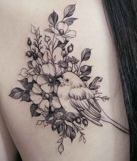 Fine line, black white tattoo Tattoos For Women Cat, Black White Tattoo, Robin Tattoo, Rose And Butterfly Tattoo, Earthy Tattoos, Rose Shoulder Tattoo, Black White Tattoos, Tattoos For Women Half Sleeve, Flower Tattoo Shoulder