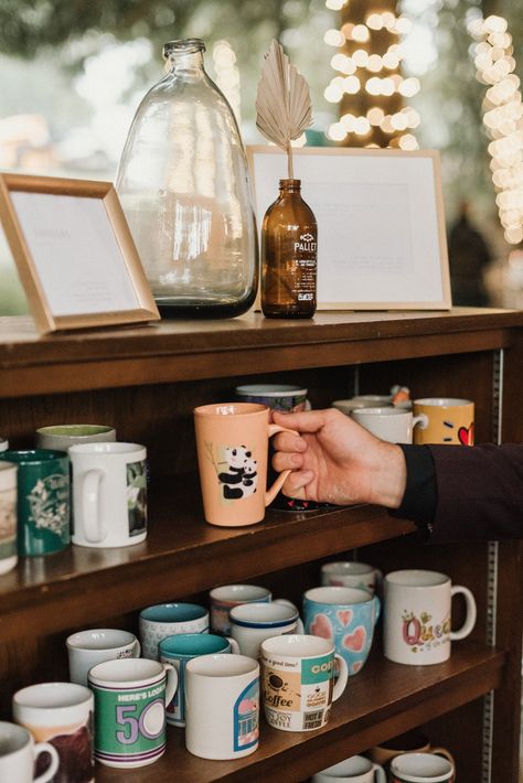 Thrifted Coffee Mugs Wedding, Coffee Cup Wedding Favors Mugs, Mug Rack Wedding, Wedding Cup Favors For Guests, Mugs At Wedding, Mug Wedding Favors For Guests, Wedding Favor Mugs, Wedding Mug Favors, Thrifted Mug Wedding Favors