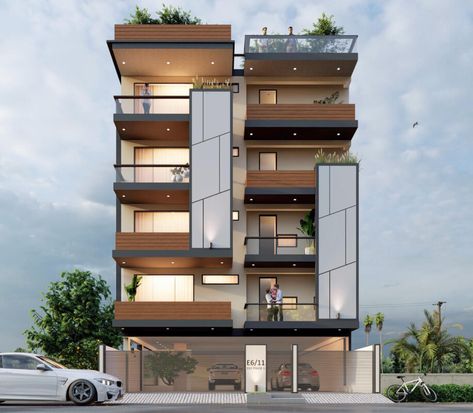 Residence Facade Design, Building Elevation Design, Facade Design Ideas, Residence Facade, Villa Elevation, Elevation Architecture, Modern Elevation, Apartments Exterior, Apartment Exterior