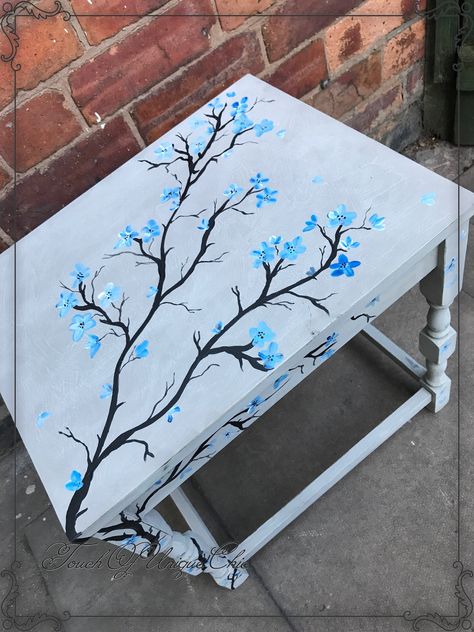 Handpainted cherry blossom on side table Hand Painted not decoupage Painting On Tables Ideas, Floral Painted Table Top, Table Painted With Flowers, Hand Painted Flowers On Furniture, Hand Painted Table Tops Ideas, Table Top Painting Ideas, Desk Painting Ideas Creative, Painted Table Top Designs, Table Painting Ideas