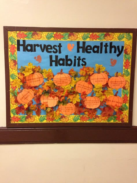 Thanksgiving Health Bulletin Boards, Fall Into Good Habits Bulletin Board, Harvest Healthy Habits Bulletin Board, November School Nurse Bulletin Board Ideas, Fall Sel Bulletin Board, November Bulliten Boards, Fall Into Healthy Habits Bulletin Board, Nutrition Bulletin Board Ideas, Healthcare Bulletin Board Ideas