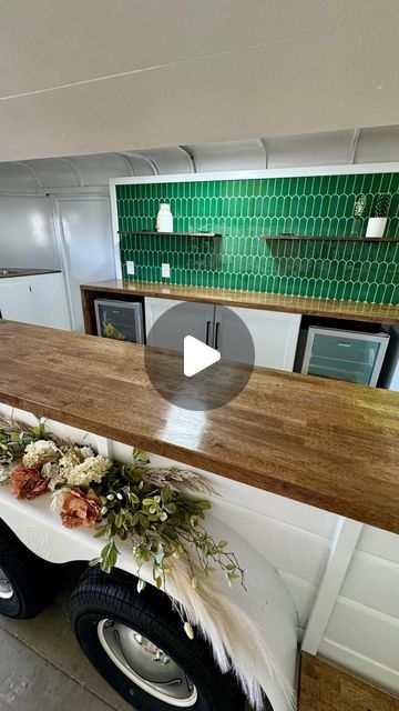 Storm Trailers ⚡️ Mobile Bars on Instagram: "A little before & after of this XL horse trailer turned luxary mobile bar. The peacock green backsplash + live edge shelves turned out so good. 🤩 We are so grateful for our amazing clients who trust us to bring their visions to life!  #renovatedhorsetrailer #mobilebusiness #mobileboutique #horsetrailerbar #mobilecoffeetrailer" Remodeled Horse Trailers, Mobile Horse Trailer Bar Names, Mobile Drink Trailer, Horse Trailer Coffee Shop, Horse Trailer Bar Interior, Mobile Bar Trailer Interior, Mobile Bar Trailer, Trailer Shelving, Horse Trailer Bar