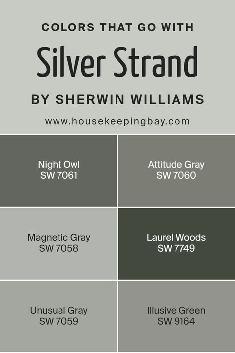 Colors that Go With Silver Strand SW 7057 by Sherwin Williams Sw Silver Strand Coordinating Colors, Sw Magnetic Gray, Unusual Gray Sherwin Williams, Illusive Green, Unusual Gray, Sherwin Williams Coordinating Colors, Magnetic Gray, Sherwin Williams Gray, Greige Paint Colors