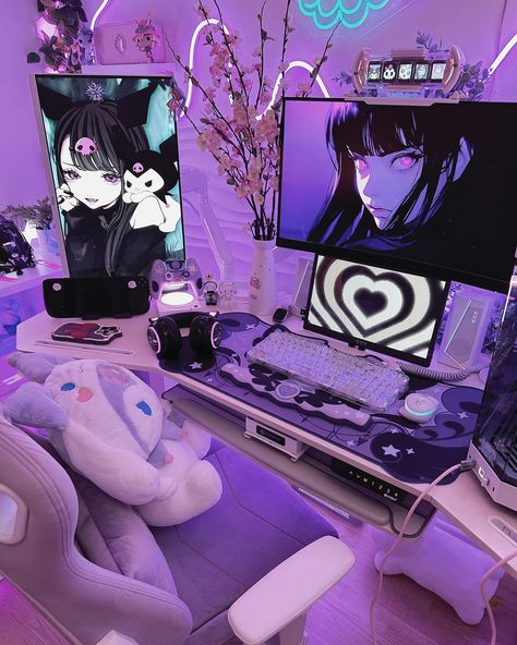 happy weekend💜 some pictures of my setup with my new accessories from @geekshare_us (*ᴗ͈ˬᴗ͈)ꕤ*.ﾟ ₊˚ʚ ᗢ₊˚✧ ﾟ. #kuromicore #kuromisanrio #geekshare #kawaii #desksetup #deskessentials #deskgoals #gamingsetup #gaming #sanrio #kuromi #ａｅｓｔｈｅｔｉｃ #kawaiiaesthetic Kuromi Pc Setup, Kuromi Gaming Setup, Gameing Set Up, Sanrio Kuromi Aesthetic, Sanrio Gaming Setup, Goth Gaming Setup, Gaming Set Up, Kuromi Desk, Girl Gaming Setup