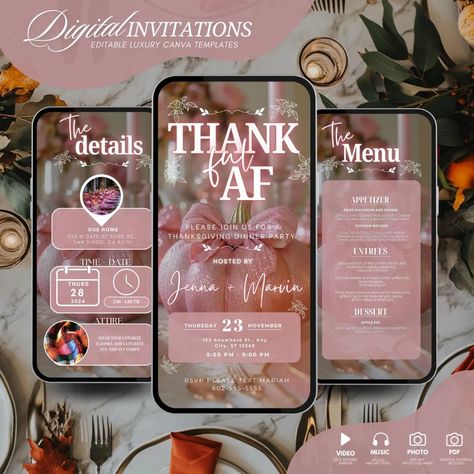 Digital Friendsgiving Dinner Invitation, Thankful AF Fall Pumpkin Party Invite, Thanksgiving 2024, Self Edit DIY Itinerary Template - Etsy Friendsgiving Menu Ideas, Pumpkin Party Invite, Friendsgiving Invitations, Friendsgiving Dinner Invitation, Friendsgiving Menu, Friendsgiving Invite, Friendsgiving Dinner, Itinerary Template, Pumpkin Party