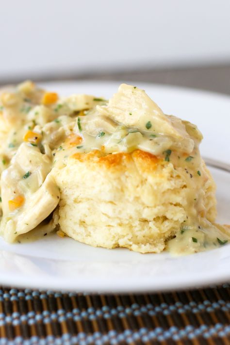 Chicken and biscuits is comfort food defined. Rich chicken gravy over perfect buttermilk biscuits. Everyone will be gobbling it up before you know it! Corn And Shrimp Chowder, Best Buttermilk Biscuits, Shrimp Chowder, Creamy Pesto Pasta, Green Chile Chicken, Chicken Noodle Casserole, Chicken And Biscuits, Creamy Pesto, Chicken Gravy