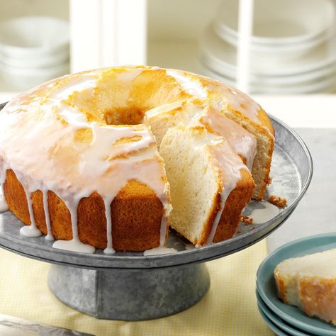 This fluffy cake is a real treat drizzled with the sweet-tart lemon glaze. —Rebecca Baird, Salt Lake City, Utah Lemon Curd Dessert, Evaporated Milk Recipes, Chiffon Cake Recipe, Lemon Chiffon Cake, Spring Baking, Cake Mug, Torte Cupcake, Lemon Chiffon, Sponge Cake Recipes