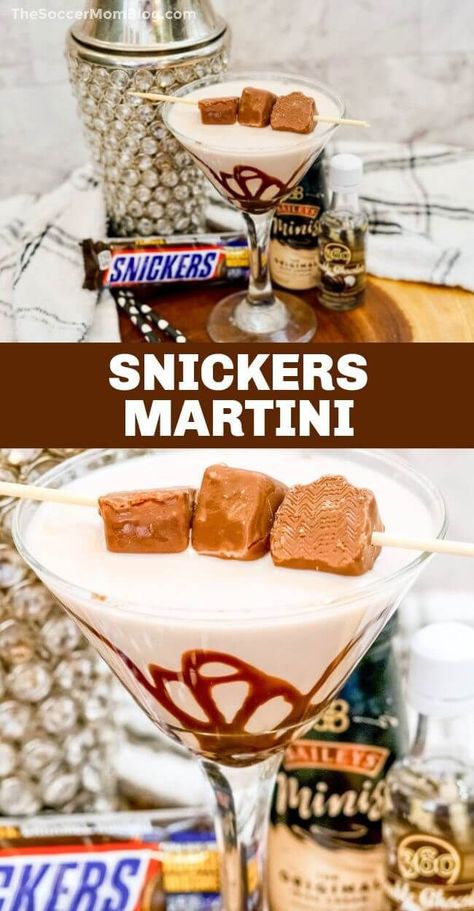 This decadent Snickers Martini tastes just like the candy bar, in liquid form! A delicious dessert cocktail for any occasion. This Snickers Martini recipe perfectly captures all of that chocolate caramel flavor, making a decadent dessert drink that tastes even better than the candy bar! Make this easy 3-ingredient cocktail recipe today! Fancy Martini Recipes, Snickers Cocktail, Snickers Martini Recipe, Snickers Drink, Snickers Martini, Cheesecake Martini, Chocolate Vodka, Snickers Candy Bar, Snickers Chocolate