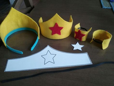 Diy Wonder Woman Costume For Kids, Superhero Cuffs Diy, Diy Wonder Woman Headband, Superhero Headbands, Wonder Woman Arm Band, Wonder Woman Headband, Wonder Woman Costume Diy, Wonder Woman Bracelet, Wonder Woman Diy