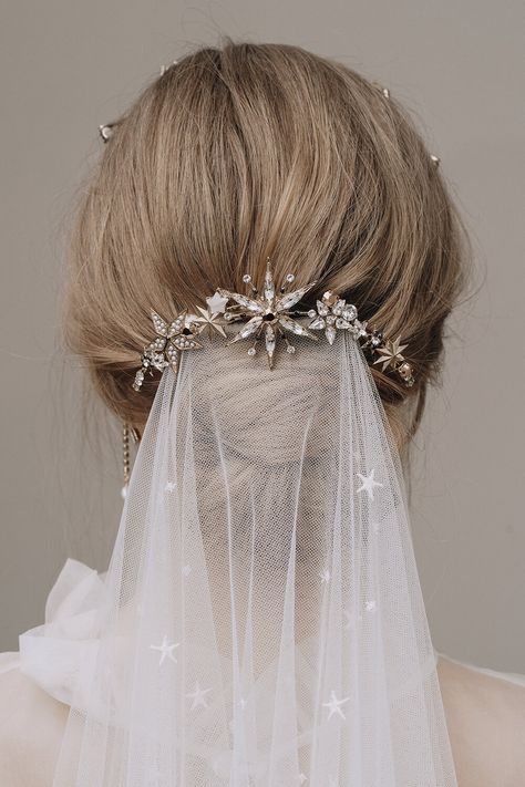 AURORA HAIR Piece by Tilly Thomas Lux Veil Clips Wedding Headpieces, Wedding Updo With Accessories, Celestial Headpiece Wedding, Wedding Outfit Accessories, Celestial Tiara Wedding, Sparkly Wedding Hair, Celestial Wedding Hairstyles, Star Veil Wedding, Celestial Bridal Hair