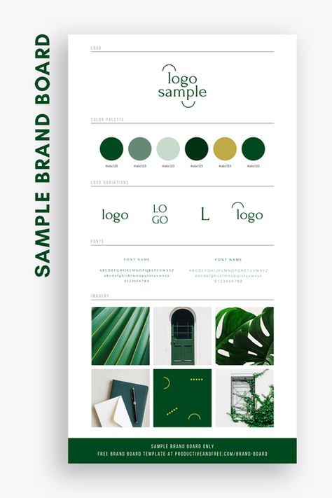 ProductiveandFree Logo Presentation Layout, Logo Design Presentation, Brand Identity Board, Desain Merek, Brand Board Design, Social Project, Brand Kits, Brand Board Template, Green Branding