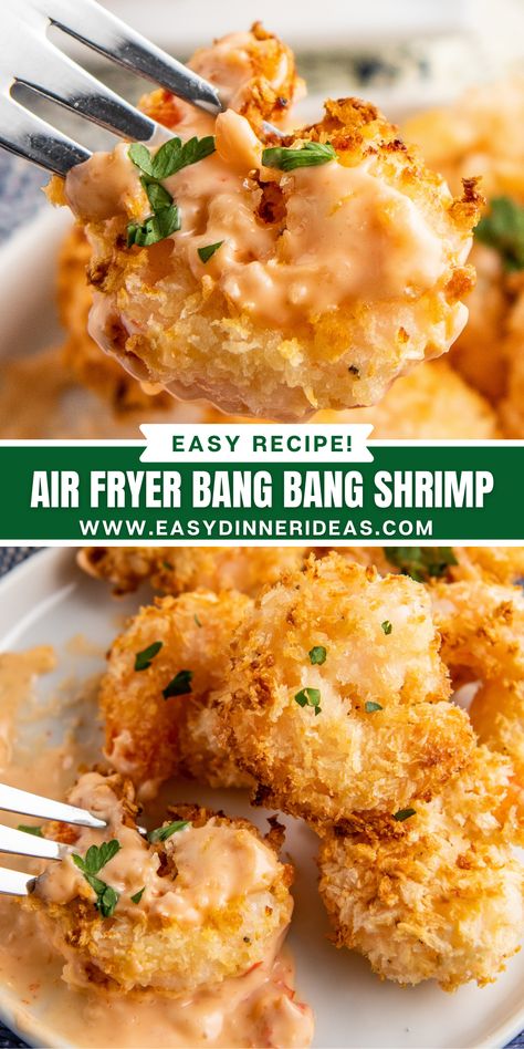 Golden, crispy air fried shrimp are tossed in a sweet and spicy homemade bang bang sauce to create this easy Air Fryer Bang Bang Shrimp! Perfect for an appetizer or even as a main dish, grab your air fryer and let's get cooking. Air Fryer Bang Bang Shrimp, Air Fried Shrimp, Bang Bang Shrimp Recipe, Fried Shrimp Recipes, Bang Bang Sauce, Flavorful Shrimp, Bang Bang Shrimp, Air Fried Food, Shrimp Dinner